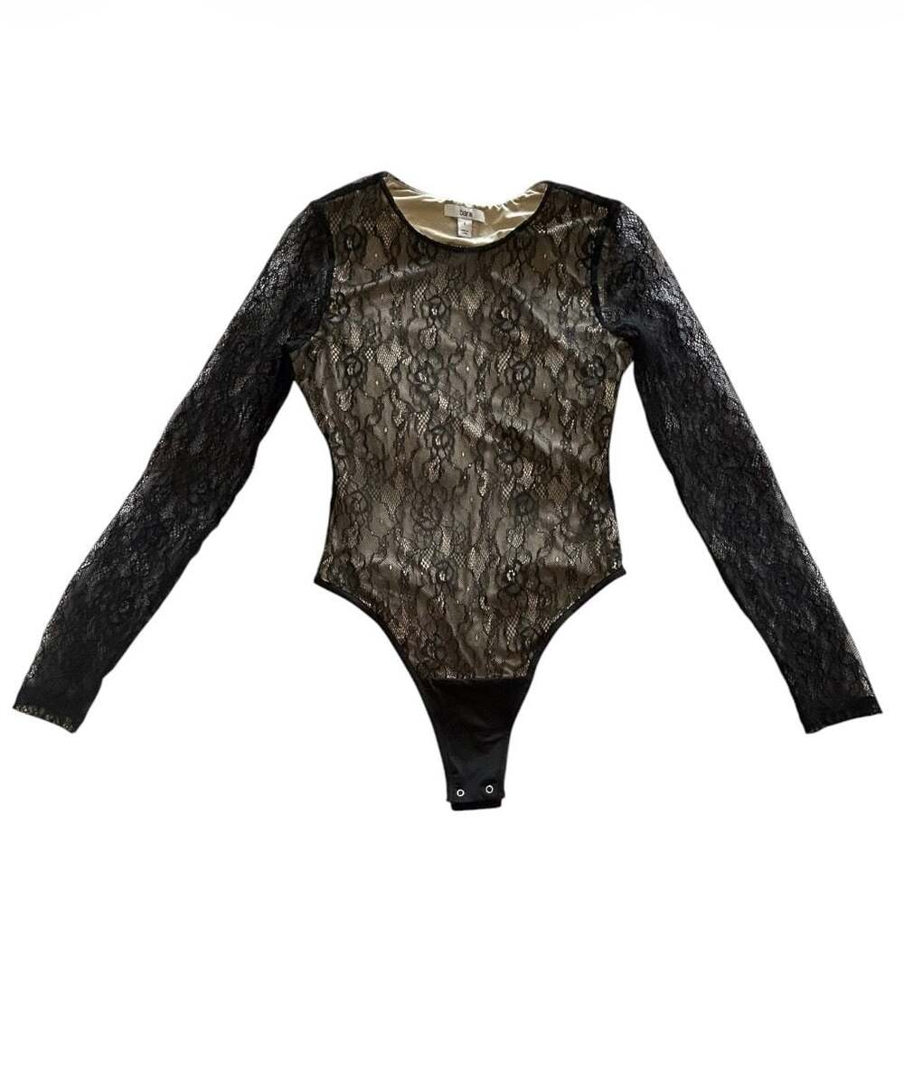Bar III Long Sleeve Sheer Floral Lace Bodysuit
